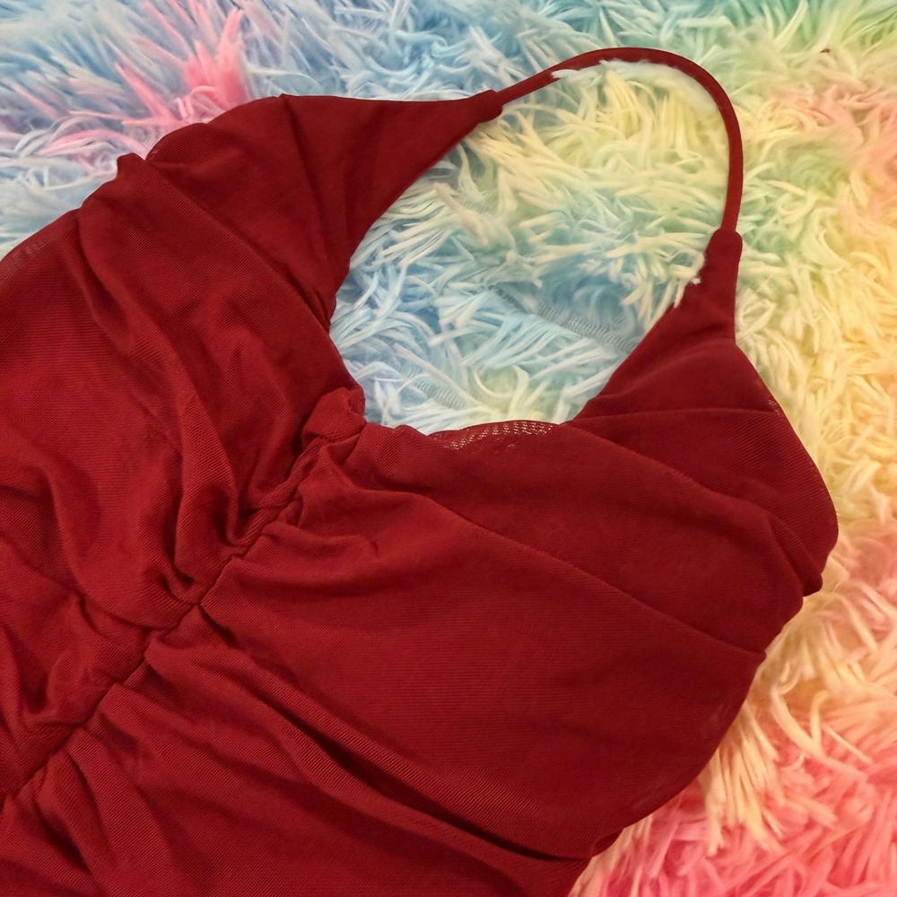 Princess Polly Red Mesh Ruched Halter Mini Dress Wine Bodycon Size US 2 - Picture 3 of 6
